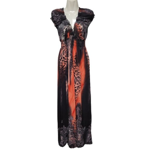 ORANGE and Black Short Sleeve Ruched Stretchy V Neck Summer Maxi Long Dress - Picture 1 of 16